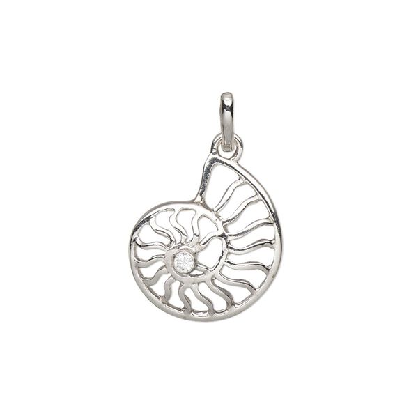 Charm, cubic zirconia and rhodium-plated sterling silver, clear, 17.5x16mm single-sided nautilus. Sold individually. image number 0