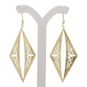 Earring, gold-finished brass, 2-1/2 inches with scratched open kite and swirl cutout design with fishhook ear wire. Sold per pair.