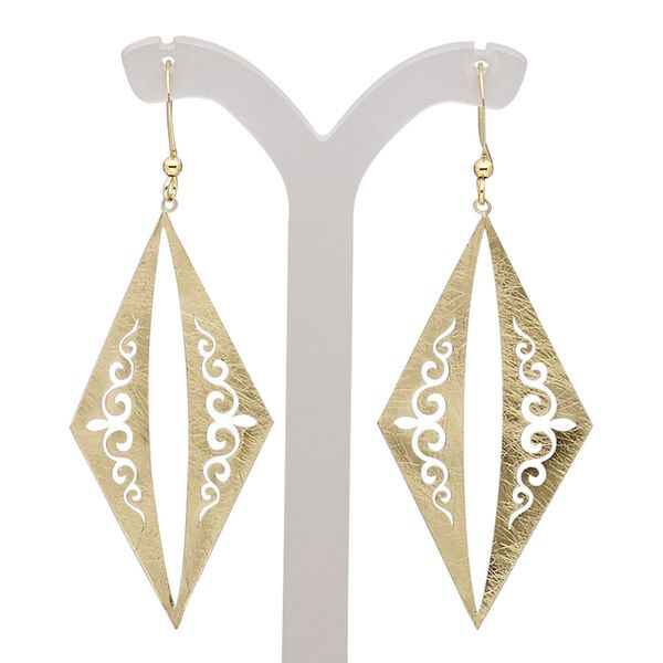 Earring, gold-finished brass, 2-1/2 inches with scratched open kite and swirl cutout design with fishhook ear wire. Sold per pair. image number 0