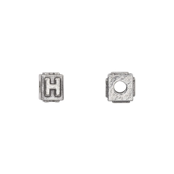 Bead, antiqued pewter (tin-based alloy), 8x6mm rectangle with alphabet letter "H". Sold per pkg of 4. image number 0