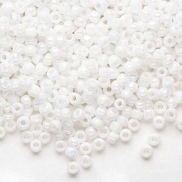 Seed bead, Dyna-Mites™, glass, opaque rainbow white, #8 round. Sold per 40-gram pkg. image number 0