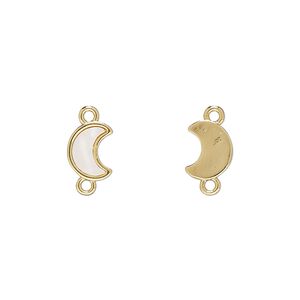 Link 1pkg2 gold-finished brass / mother-of-pearl shell (bleached), white, 9x7mm moon.