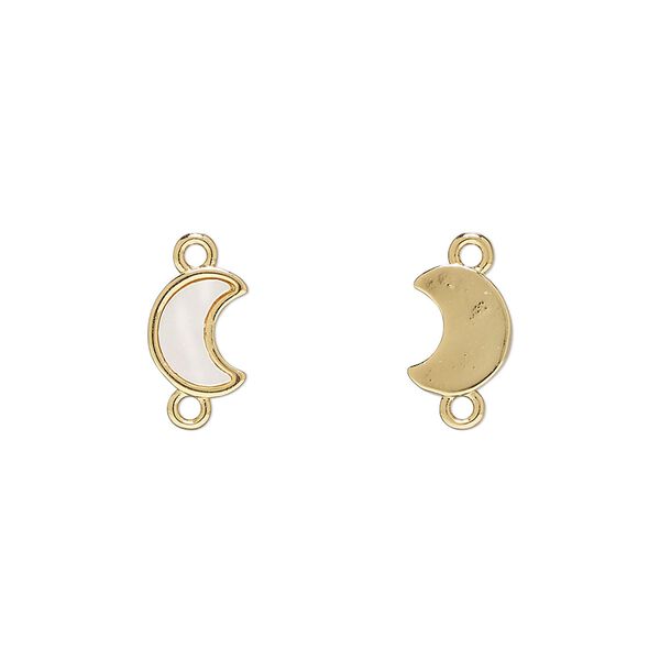 Link 1pkg2 gold-finished brass / mother-of-pearl shell (bleached), white, 9x7mm moon. image number 0