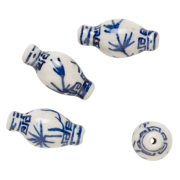 Bead, porcelain, blue and white, 28x14mm-29x15mm vase with foliage design. Sold per pkg of 4. image number 0