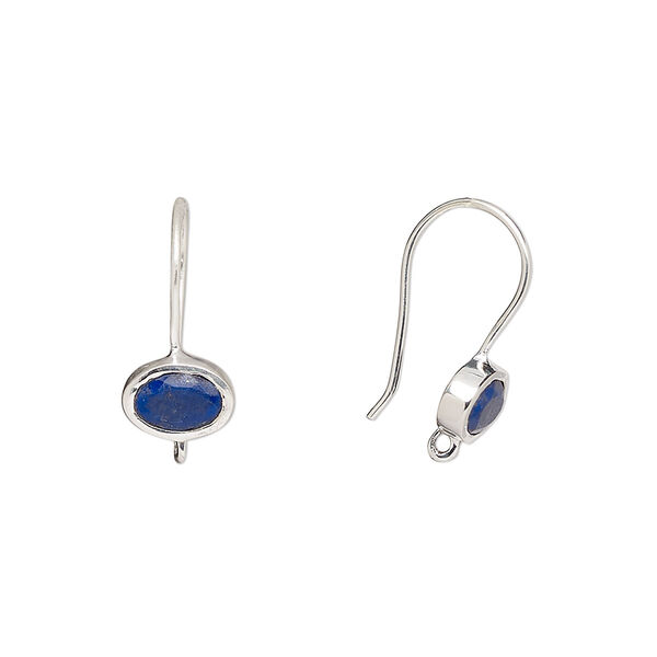 Ear wire, lapis lazuli (natural) and sterling silver, 15.5mm fishhook with 7.5mm oval and closed loop, 22 gauge. Sold per pair. image number 0