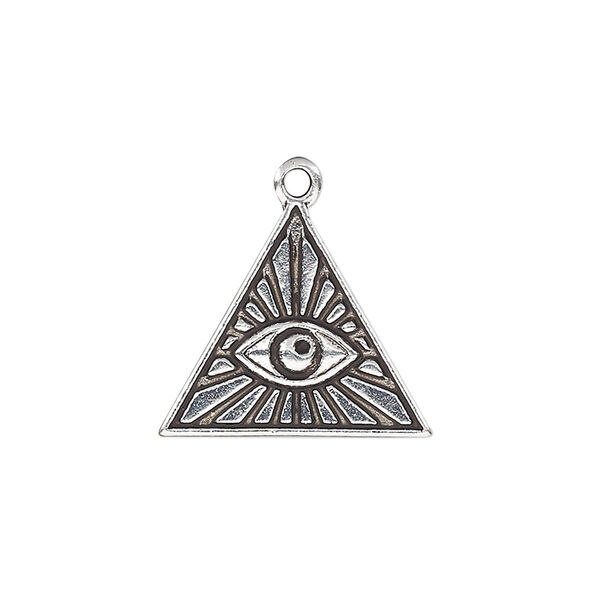 Charm, antique silver-plated pewter (tin-based alloy), 20x18mm single-sided pyramid with Eye of Providence. Sold per pkg of 2. image number 0