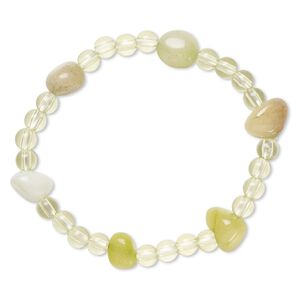 Bracelet, stretch, quartz (dyed) and acrylic, multi-green and light yellow-green, 5mm round and small tumbled nugget, 6 inches. Sold individually.