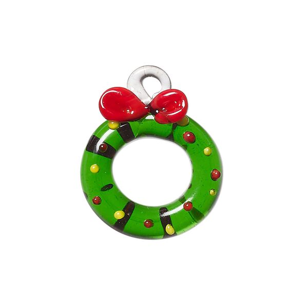 Drop, lampworked glass, green / red / yellow, 22x20mm single-sided wreath. Sold individually. image number 0
