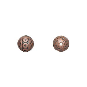 Bead, antique copper-finished "pewter" (zinc-based alloy), 8mm filigree round. Sold per pkg of 10.