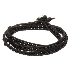 Bracelet, wrap, leather (dyed) / glass / silver-finished copper, dark brown and black, 6mm wide, adjustable at 6 and 6-1/2 inches with button clasp. Sold individually.