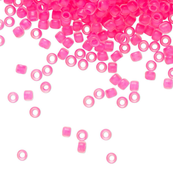 Seed bead, TOHO BEADS®, glass, pkg/7.5g, #8 round, opaque matte neon pink-lined crystal clear (TR-08-971). image number 0