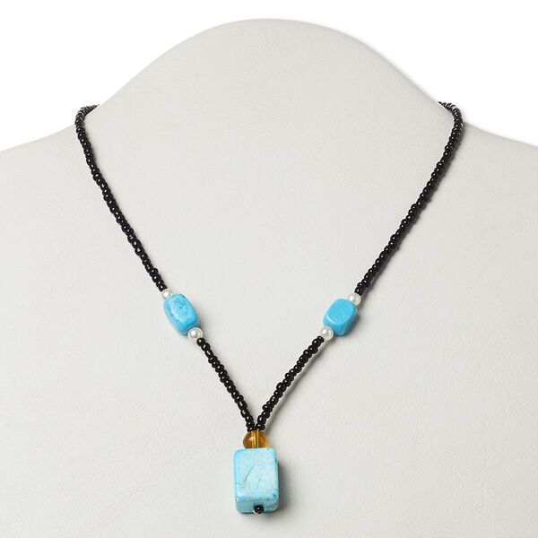 Necklace, howlite (dyed / stabilized) / glass / silver- or antiqued gold-finished "pewter" (zinc-based alloy), multicolored, 19x14mm flat rectangle, 17 inches with lobster claw clasp. Sold individually. image number 0
