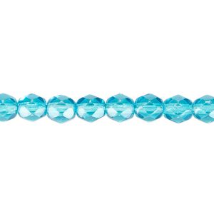 Bead, Czech fire-polished dipped décor glass, turquoise blue, 6mm faceted round. Sold per 15-1/2" to 16" strand, approximately 65 beads.