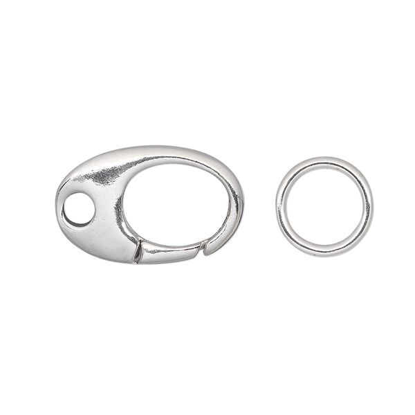 Clasp self-closing 1pkg1 sterling silver, 19x12mm oval / 10mm jump ring, JBB Findings 1-strand image number 0