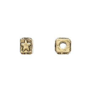 Bead, antique gold-plated pewter (tin-based alloy), 8x6mm rectangle with star. Sold per pkg of 4.