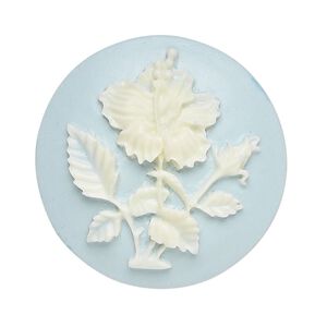 Cabochon, acrylic, light blue and white, 33mm non-calibrated round cameo with hibiscus flower. Sold individually.