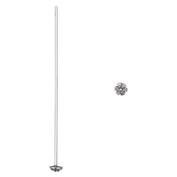 Head pin, antiqued sterling silver, 2 inches with 4mm flower, 20 gauge. Sold per pkg of 2. image number 0