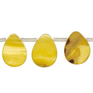 Bead, mother-of-pearl shell (dyed), golden yellow, 16x7mm-16x11mm top-drilled flat teardrop, Mohs hardness 3-1/2. Sold per 12-inch strand, approximately 20 beads.
