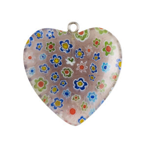 Focal 1pkg1, silver-finished steel / millefiori glass, transparent / translucent light purple / multicolored, 29-31mm puffed heart.