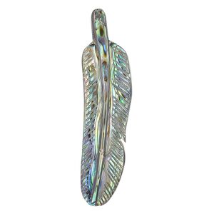 Focal, paua shell (natural), 2-1/3 x 2/3 inch hand-cut top-drilled single-sided carved feather, Mohs hardness 3-1/2. Sold individually.