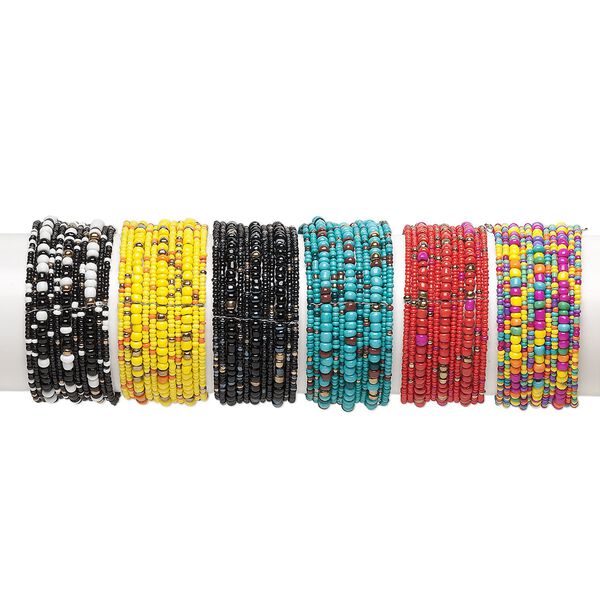 Bracelet mix, 11-strand, glass and steel, mixed colors, 30mm wide, adjustable from 7-8 inches. Sold per pkg of 6. image number 0