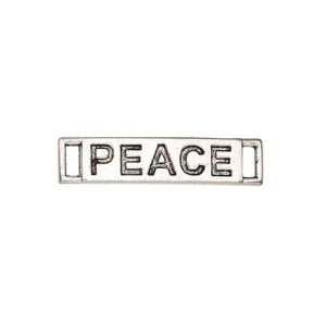 Link, antique silver-finished "pewter" (zinc-based alloy), 28x6mm single-sided curved flat rectangle with "PEACE." Sold per pkg of 2.
