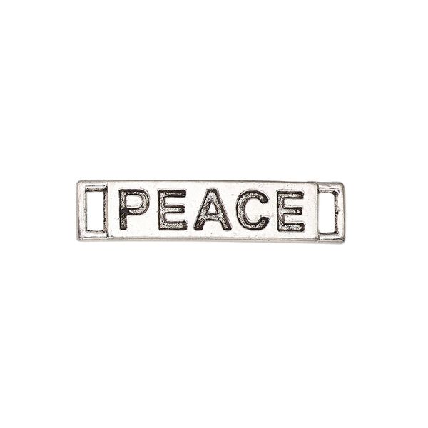 Link, antique silver-finished "pewter" (zinc-based alloy), 28x6mm single-sided curved flat rectangle with "PEACE." Sold per pkg of 2. image number 0