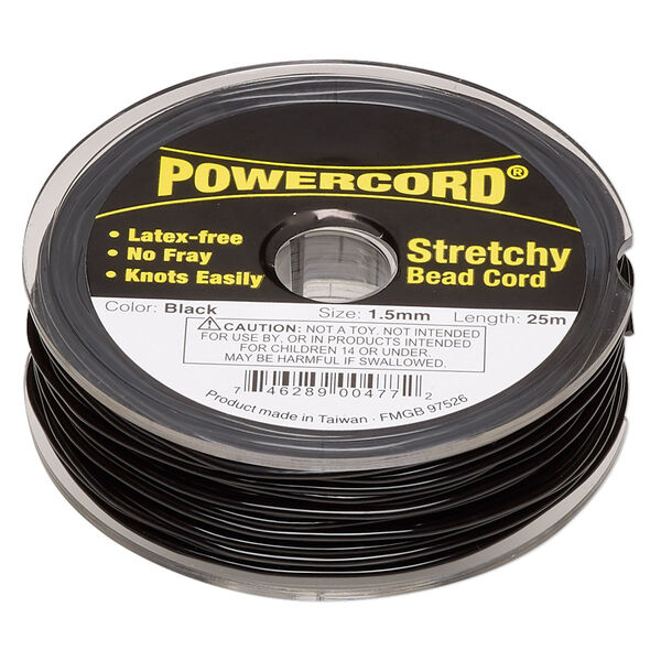 Cord, Powercord®, elastic, black, 1.5mm, 22-pound test. Sold per 25-meter spool. image number 0