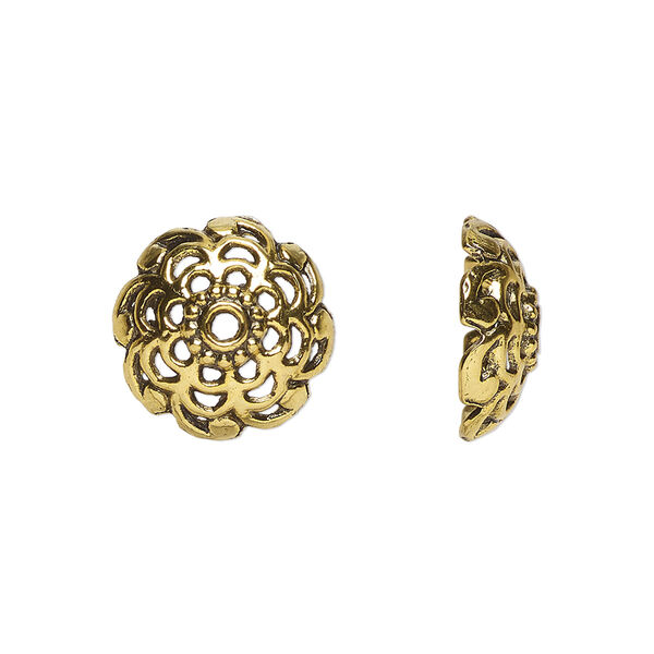 Bead cap, antiqued gold-finished "pewter" (zinc-based alloy), 15x6mm open flower round, fits 12-13mm beads. Sold per pkg of 20. image number 0