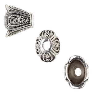 Cone, antique silver-finished "pewter" (zinc-based alloy), 16x13x12mm flat oval flower, 10.5x7mm inside diameter. Sold per pkg of 6.