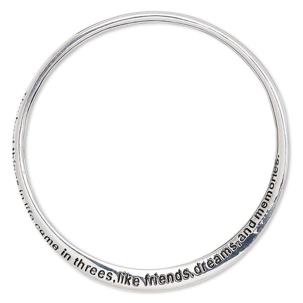 Bracelet, bangle, silver-plated "pewter" (zinc-based alloy), 6mm wide twisted band with "The best things in life come in threes, like friends, dreams, and memories," 8-1/2 inches. Sold individually. image number 0