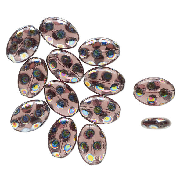 Bead, Czech pressed glass, opaque and translucent purple and metallic multicolored, 12x8mm puffed oval with dot design. Sold per pkg of 13. image number 0