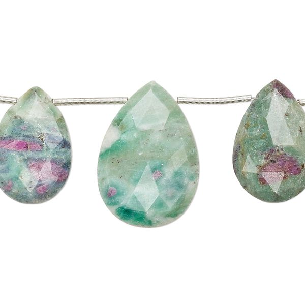 Ruby in fuchsite 1pkg1, hand-cut top-drilled faceted flat teardrop bead natural 7 inch graduated 15x11mm-21x15mm image number 0