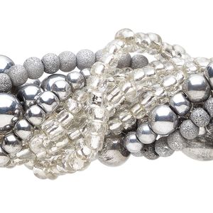 Bead mix, glass and silver-finished copper, translucent and opaque mixed greys, 4x2mm-8mm mixed shapes. Sold per pkg of (6) 14-inch strands, approximately 490 beads.