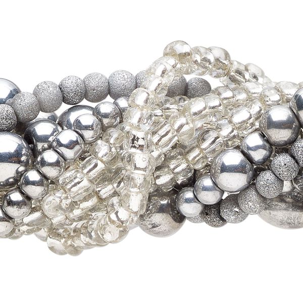 Bead mix, glass and silver-finished copper, translucent and opaque mixed greys, 4x2mm-8mm mixed shapes. Sold per pkg of (6) 14-inch strands, approximately 490 beads. image number 0