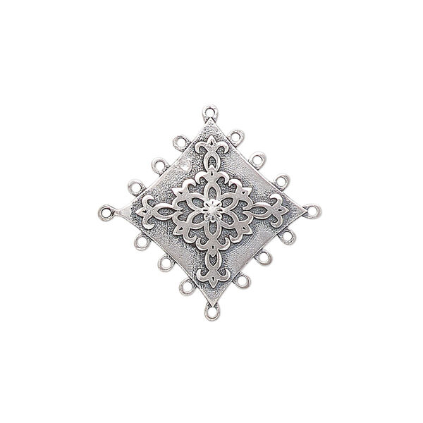 Drop, antiqued sterling silver, pkg/1, 17x17mm single-sided flat square with flower design. image number 0
