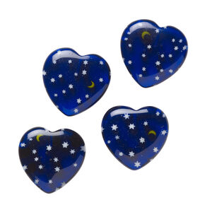 Bead, millefiori glass, translucent multicolored, 15-20mm half-drilled puffed heart with star and moon design. Sold per pkg of 4.