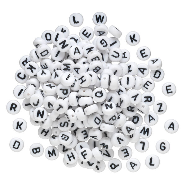 Bead mix, acrylic, opaque white and black, 7mm double-sided flat round with alphabet letters. Sold per pkg of 200. image number 1