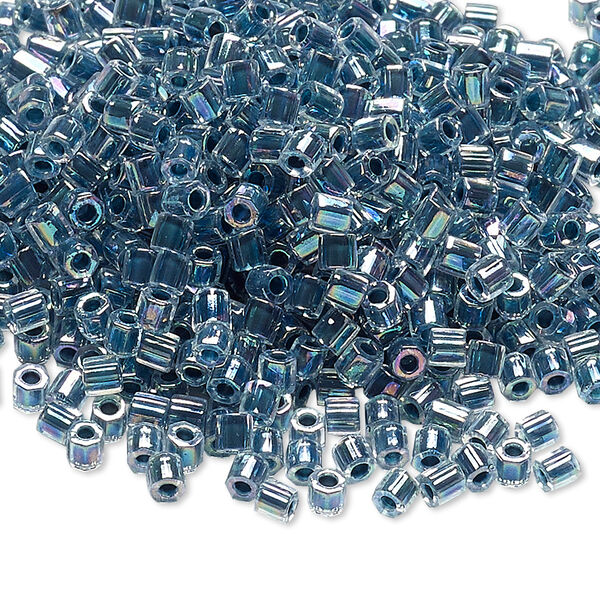 Seed bead, Delica®, glass, pkg/250g, #8 cut, translucent marine blue-lined rainbow crystal clear (DBLC-0058). image number 0