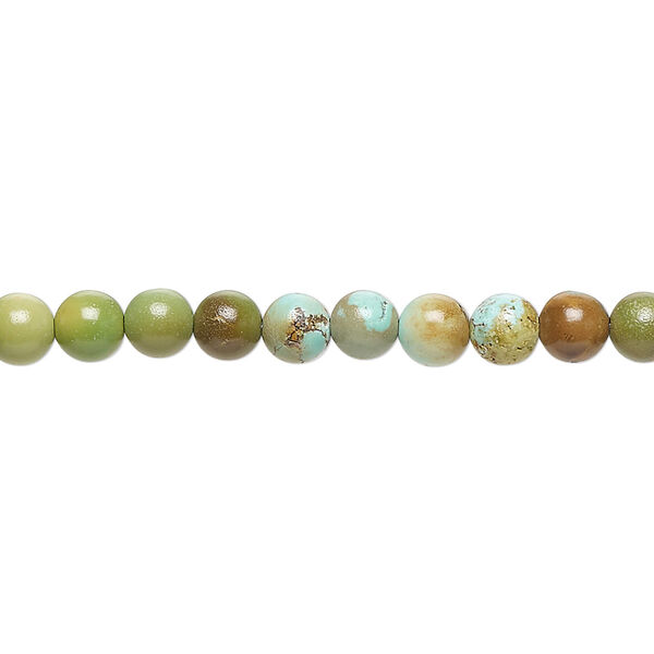 Bead, turquoise (stabilized), green-brown, 5-6mm round with 0.4-1mm hole, D grade, Mohs hardness 5 to 6. Sold per 15-inch strand. image number 0
