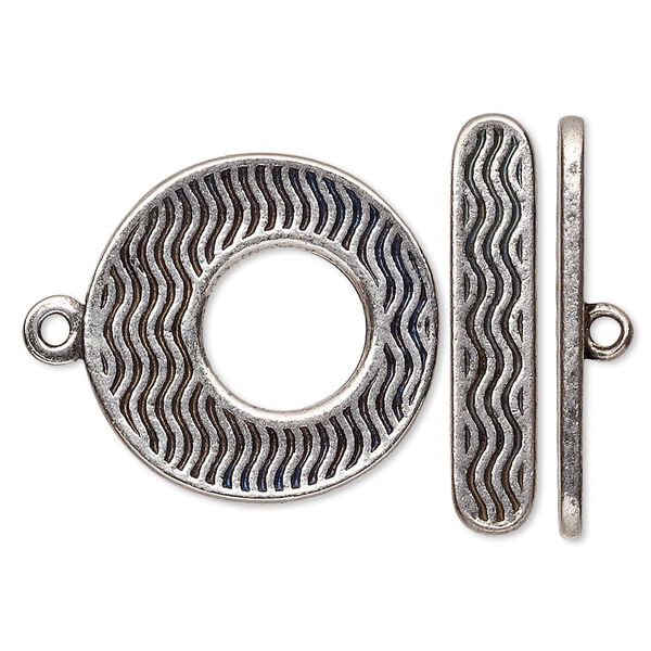 Clasp, toggle, antique silver-plated pewter (tin-based alloy), 24.5mm go-go with wave design. Sold individually. image number 0