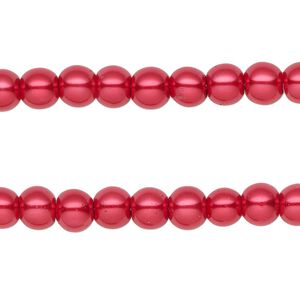 Bead, glass pearl, red, 5-6mm round. Sold per pkg of (2) 15-inch strands, approximately 140 beads.