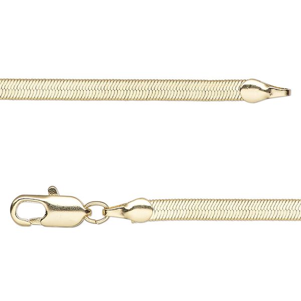 Chain, gold-finished brass, 3mm herringbone, 18 inches with lobster claw clasp. Sold individually. image number 0