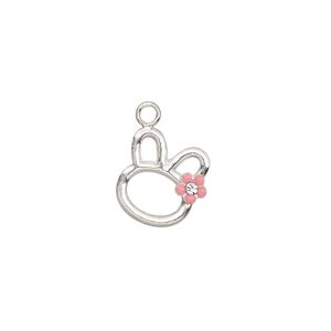 Charm, enamel / glass rhinestone / sterling silver, clear and pink, 12x11mm single-sided open bunny head with flower. Sold individually.