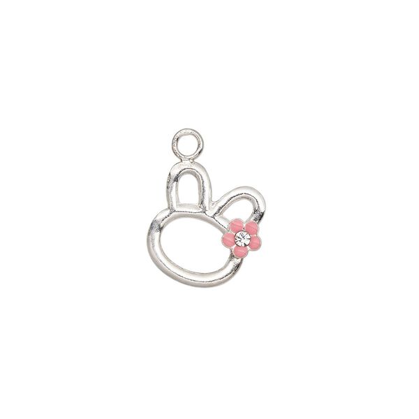 Charm, enamel / glass rhinestone / sterling silver, clear and pink, 12x11mm single-sided open bunny head with flower. Sold individually. image number 0