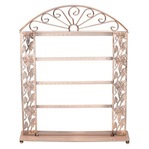 Display, earring, antique copper-finished steel, 15 x 12 x 3-inch rectangle with roses, holds 36 pairs. Sold individually.