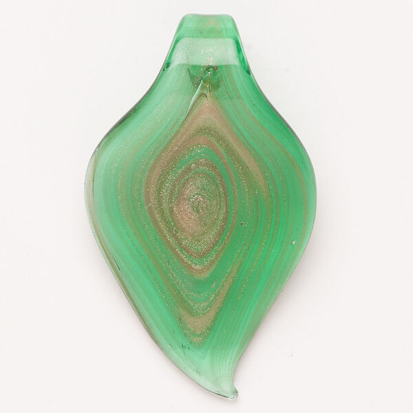 Focal, lampworked glass, translucent green with copper-colored glitter, 63x37mm-67x39mm leaf. Sold individually. image number 0