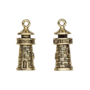 Charm, antique gold-plated pewter (tin-based alloy), 21.5x9mm 3D lighthouse. Sold per pkg of 2.