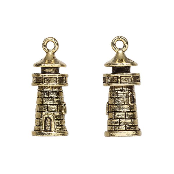 Charm, antique gold-plated pewter (tin-based alloy), 21.5x9mm 3D lighthouse. Sold per pkg of 2. image number 0