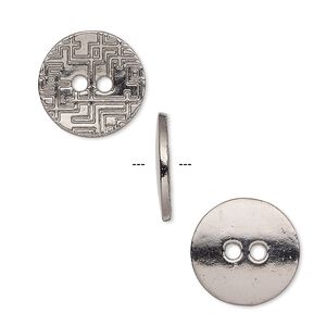 Button, gunmetal-plated "pewter" (zinc-based alloy), 15mm single-sided flat round with geometric design. Sold per pkg of 20.